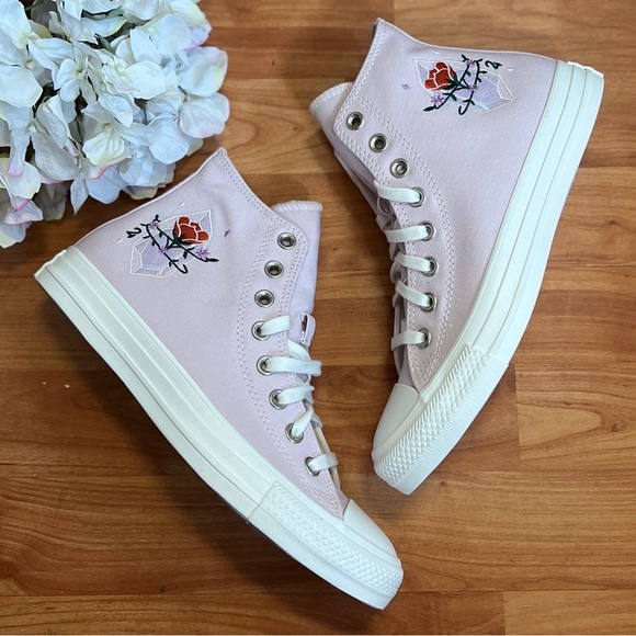 NEW Womens Size 8.5 Converse High Top Amethyst Crystal Embroidered Pink Shoe - Picture 1 of 11